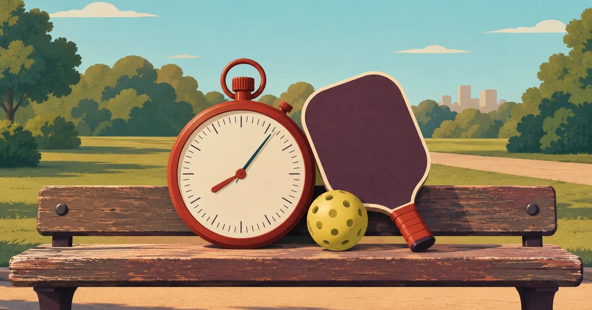 A flat illustration of a blank-faced stopwatch, a pickleball paddle and a ball on a weathered park bench in the afternoon sun
