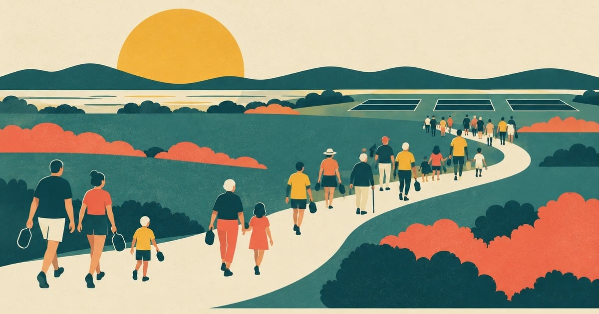 Mid-century travel-poster style illustration of people of all ages walking through a park toward pickleball courts at sunset