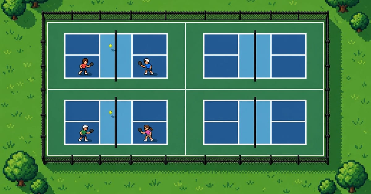Pixel-art view from above of a fenced tennis pad with four small pickleball courts on it, two with players, and grass and trees around it
