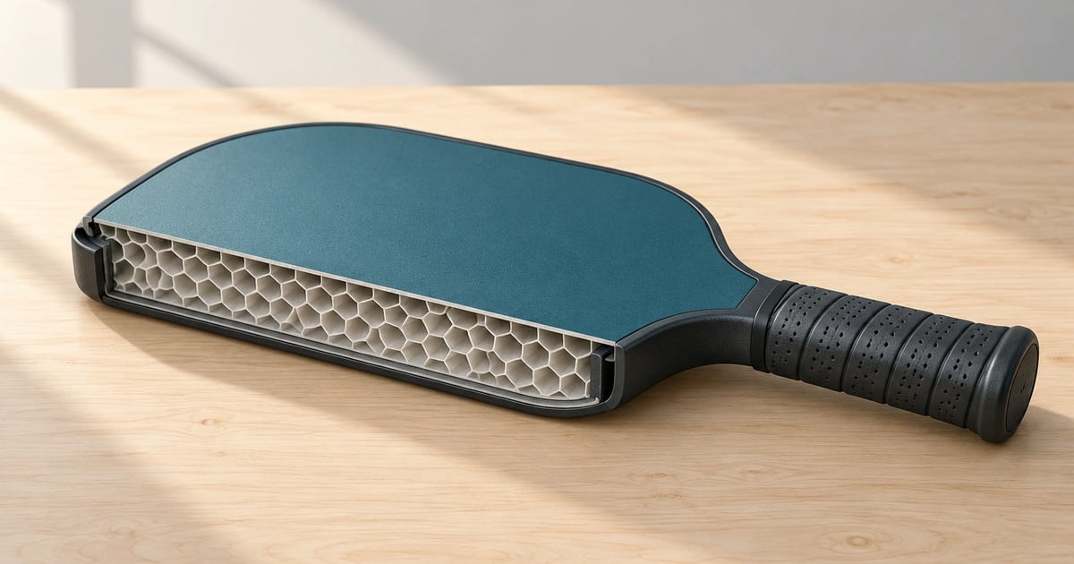 Illustration of a pickleball paddle cut open to show its face, honeycomb core and edge guard on a wooden workbench