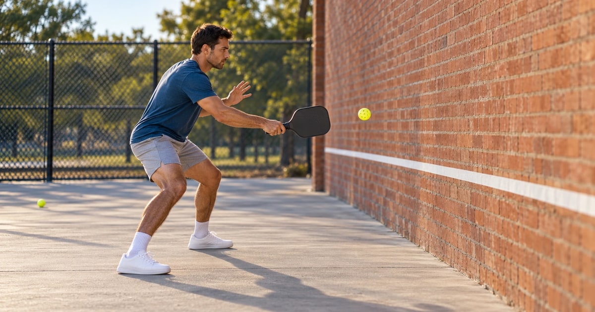 A man hits a volley against a red-brick practice wall, a white tape line low on the wall at about hip height and a spare ball on the concrete behind him
