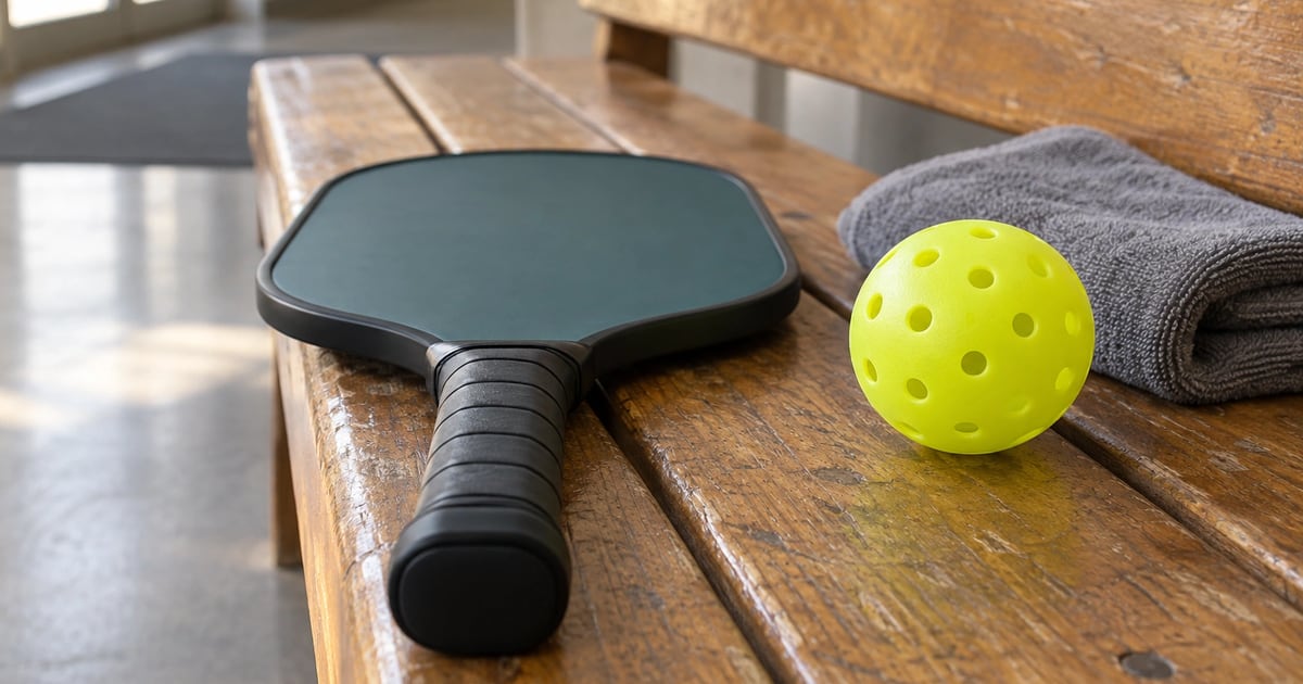 A plain pickleball paddle lies handle first on a worn wooden bench beside a yellow-green ball and a folded gray towel in window light
