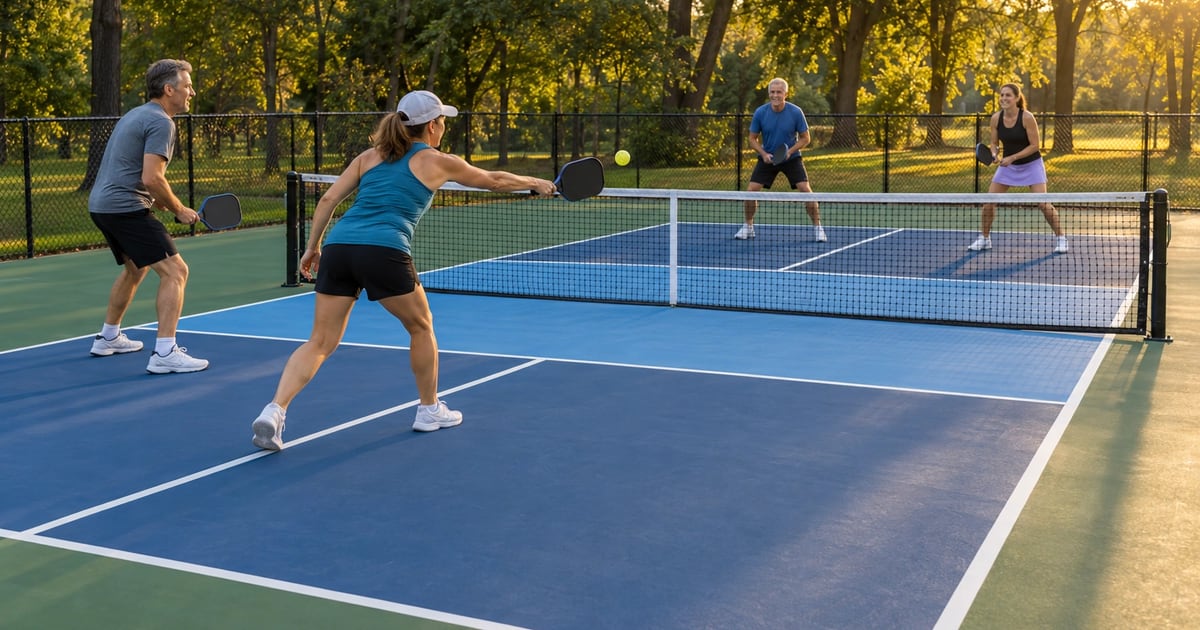 Four players rally on an outdoor pickleball court at golden hour, two on each side of the net