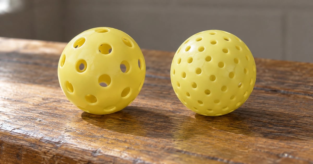 An indoor ball with large holes and an outdoor ball with small holes side by side on a wooden bench in window light