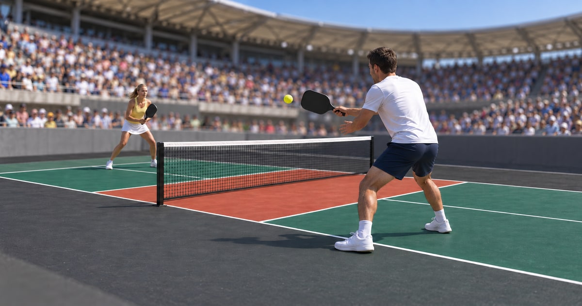 Two players rally on a stadium pickleball court in front of a packed daytime crowd