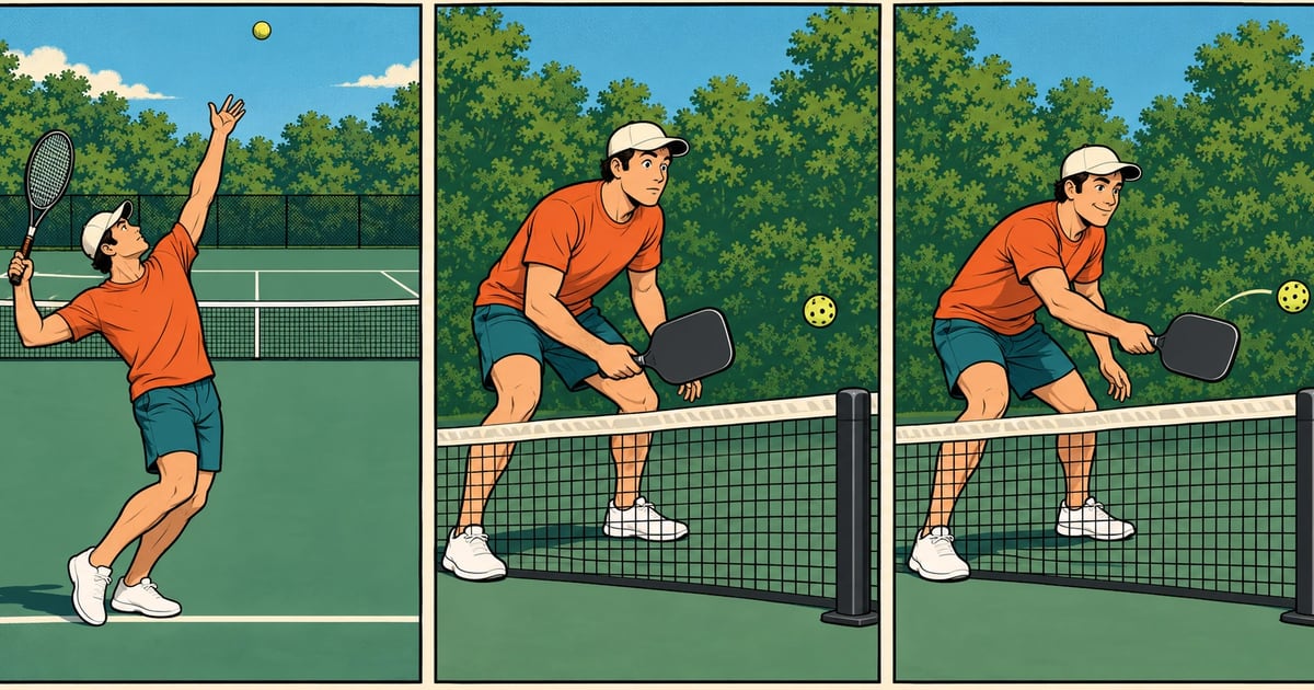 Three comic panels: a player serving overhead on a large tennis court, looking puzzled at a pickleball net, then smiling as he dinks gently over it