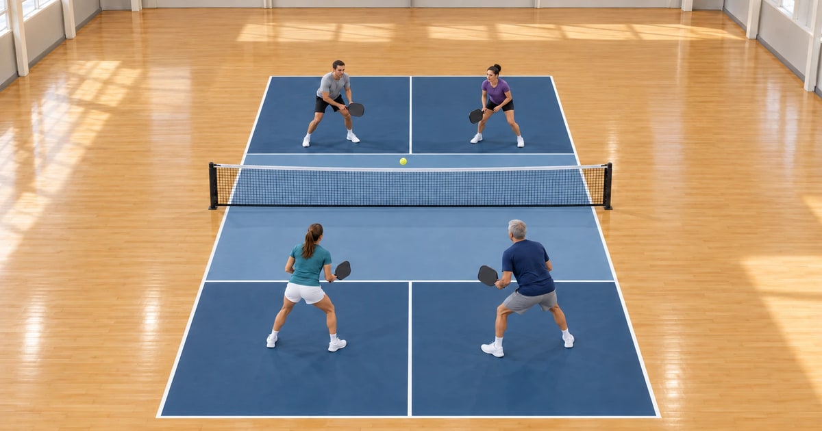 Four adults trade soft shots across a net on a blue court painted on a honey-colored wooden floor in a large sports hall, seen from a high camera, each a few steps behind their kitchen line