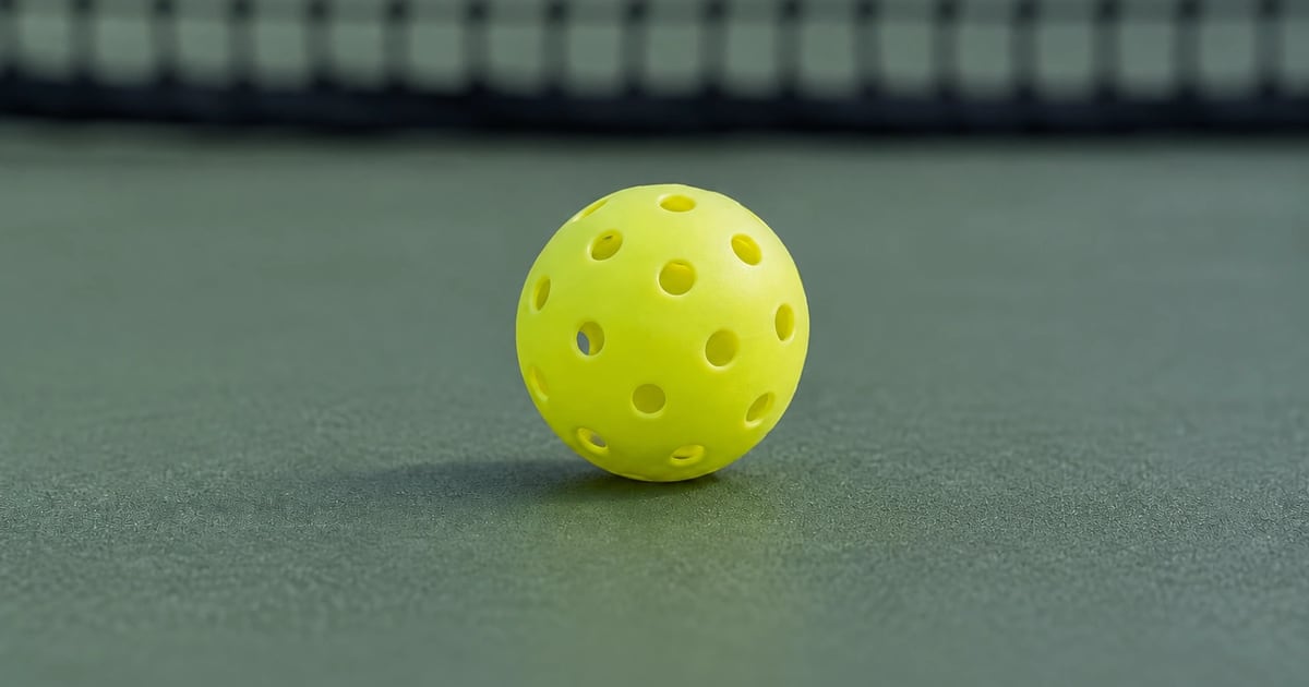 A single yellow pickleball resting on a dark green court surface with a soft out-of-focus net behind it
