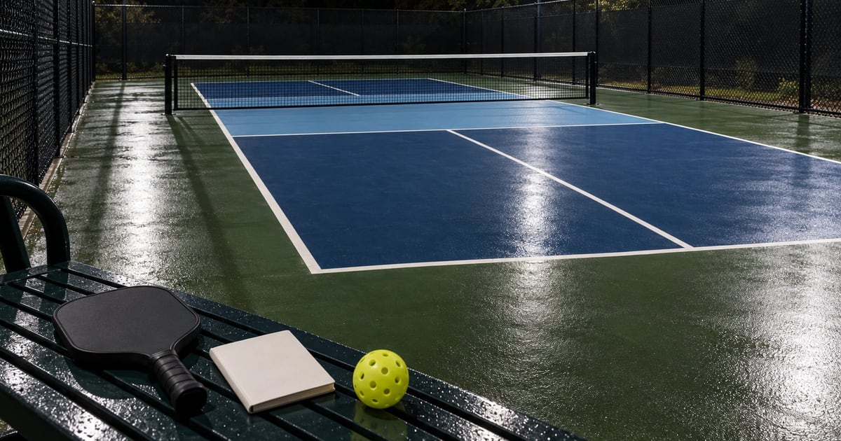 A pickleball paddle, a ball and a small booklet on a wet bench beside an empty floodlit court at night