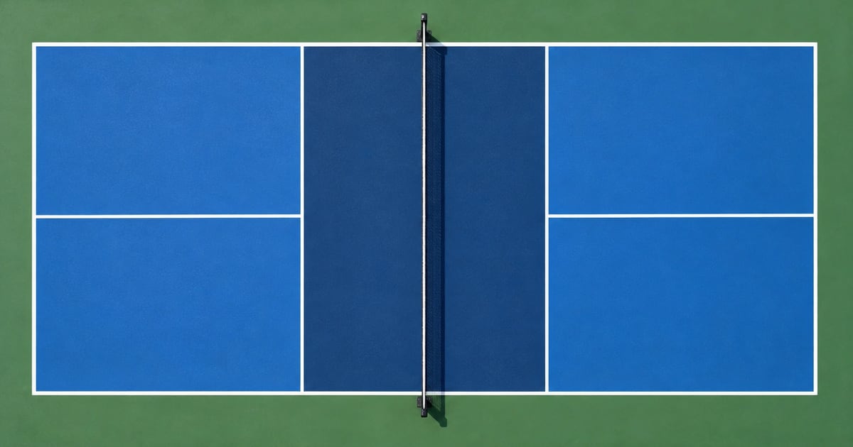 Top-down view of a pickleball court: the net across the middle, a darker kitchen on each side and a center line behind each