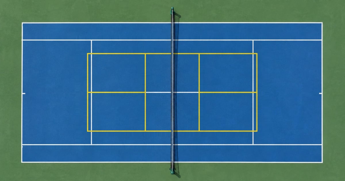 Top-down view of a tennis court with a yellow-taped pickleball court laid inside it, net across the middle