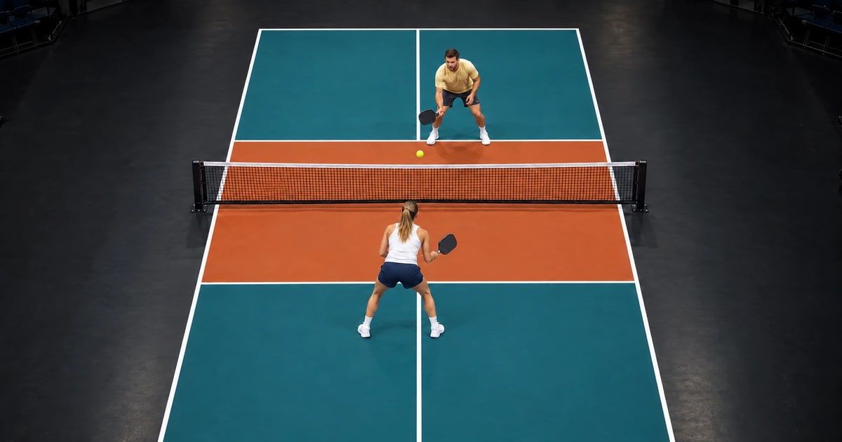 Seen from above, two players dink to each other across the net on a teal and terracotta court, the far player at his kitchen line and the near player a few feet behind hers, the ball in a low arc over the net