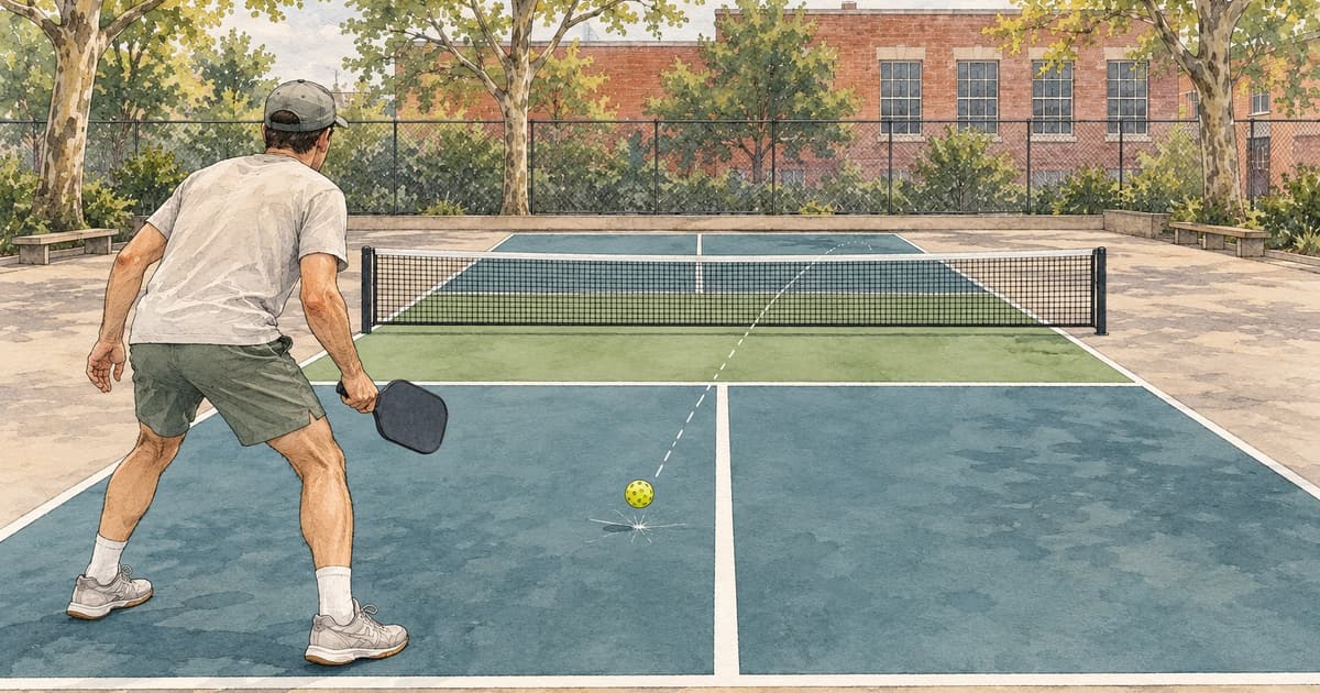 A watercolor of a player waiting while a pickleball bounces on the court and rises toward the net