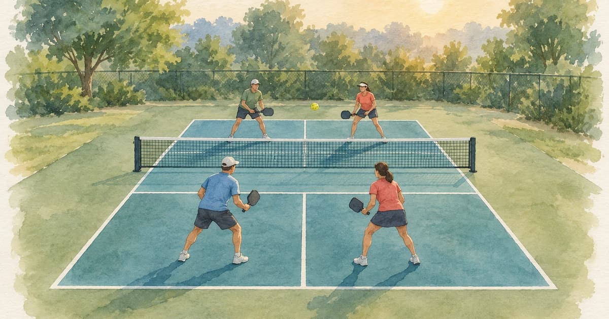 Watercolour of four players in two pairs on a park pickleball court, partners side by side on each end of the net