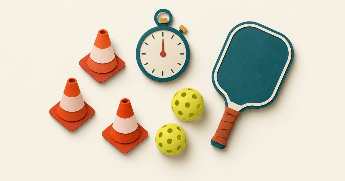 Layered paper cut-outs of three cones, a stopwatch, a paddle and two perforated balls on cream paper