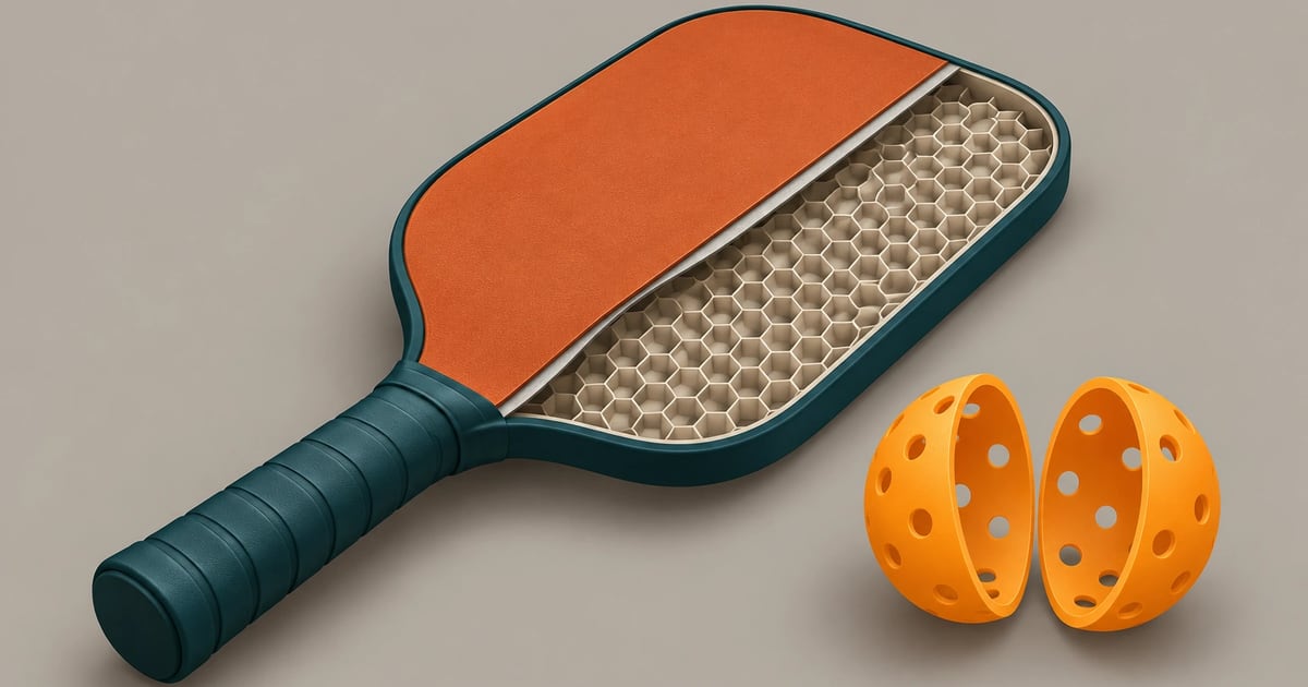 Cutaway illustration of a generic pickleball paddle sliced open beside a ball cut in half on a warm gray ground