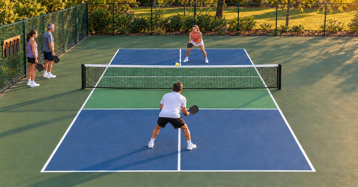 Two people wait with their paddles beside a paddle rack on the fence of a park court at golden hour while one player on each side of the net rallies several feet behind the kitchen line