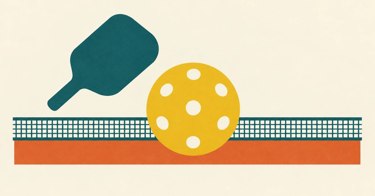 Flat mid-century style poster of a big mustard ball with round holes, a teal paddle and a striped net on a cream background