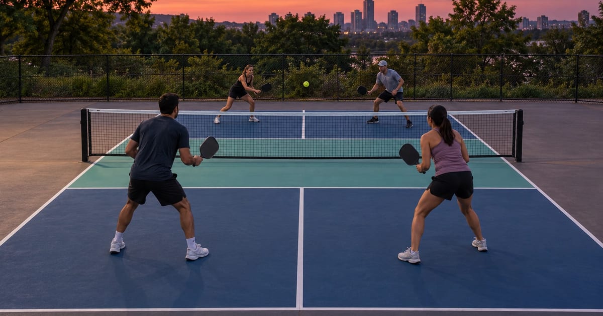 Four players rally on an outdoor pickleball court at dusk, two on each side of the net, a city skyline glowing behind the fence