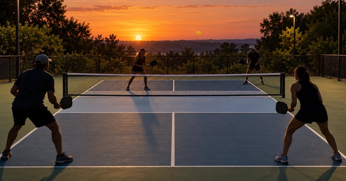 Four players in a doubles game on an outdoor court at dusk under an orange sky, a ball above the net