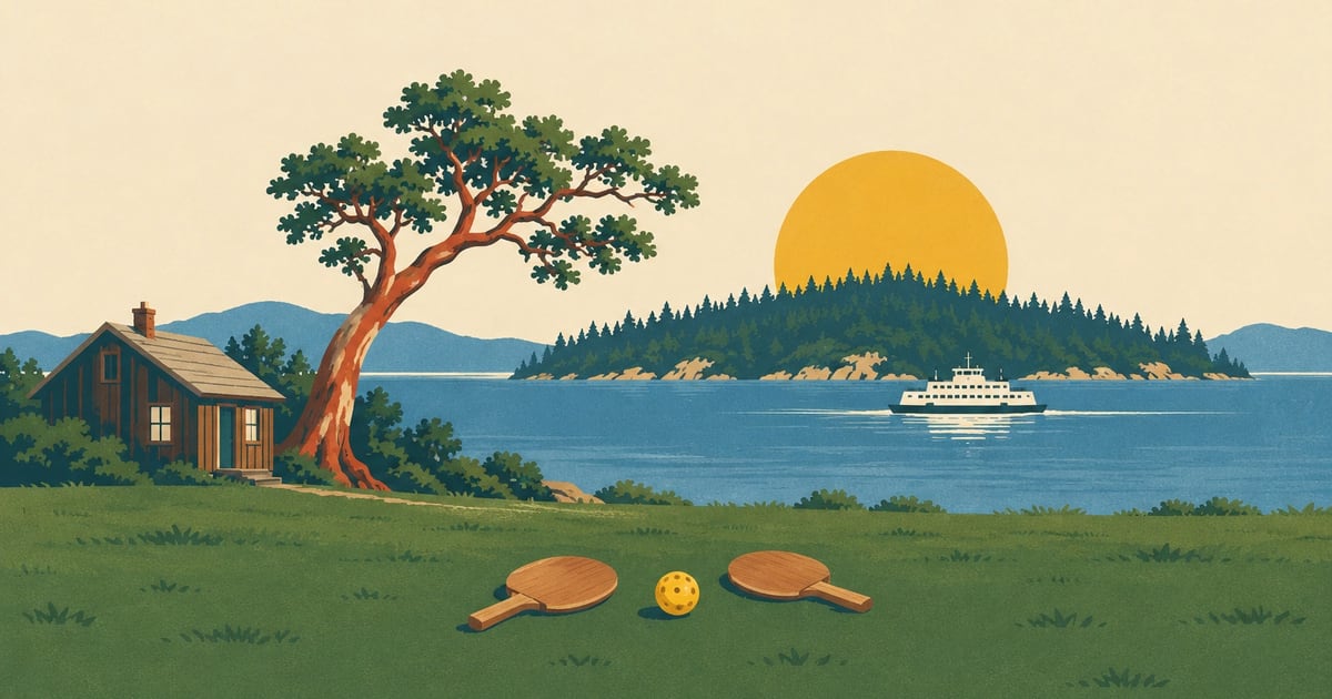 Retro travel-poster illustration of a ferry crossing to a wooded island, with two wooden paddles and a perforated ball on a lawn