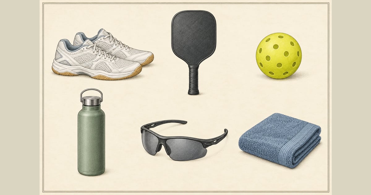 Cream plate with colored pencil-style illustrations of court shoes, a paddle, a ball, a water bottle, sports glasses and a towel