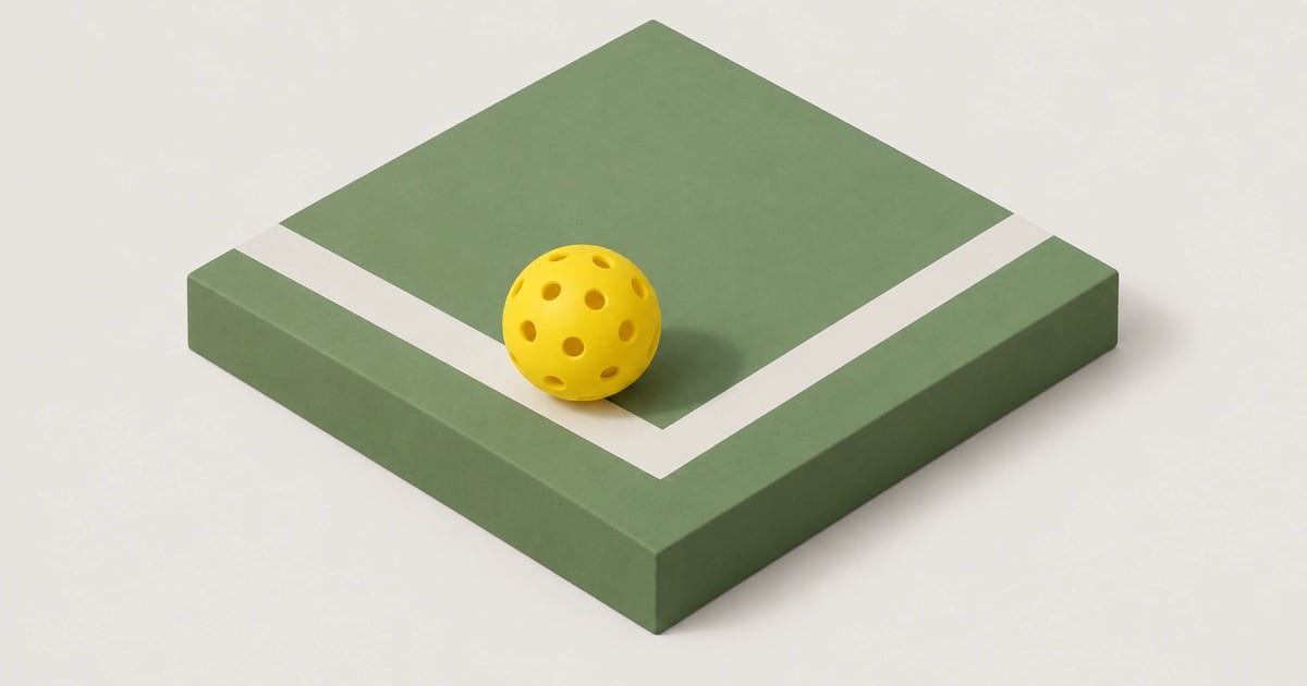 A clay-style tile of a court corner with a yellow ball resting on the baseline beside the sideline