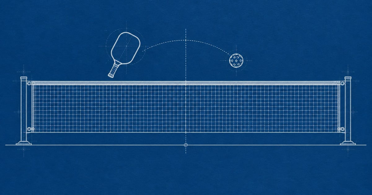 Blueprint-style line drawing of a pickleball net on two posts, a paddle just above the tape and a ball past it on a dotted arc
