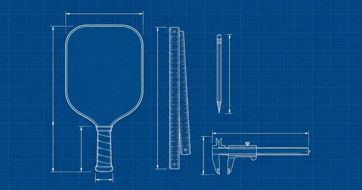 Blueprint-style line drawing of a pickleball paddle beside a folding ruler, a pencil and calipers on a grid, seen from above