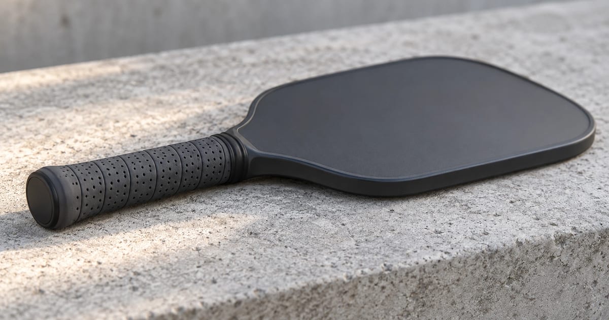Close-up of a plain, unmarked pickleball paddle lying flat on a grey concrete bench, the grip wrap in sharp focus