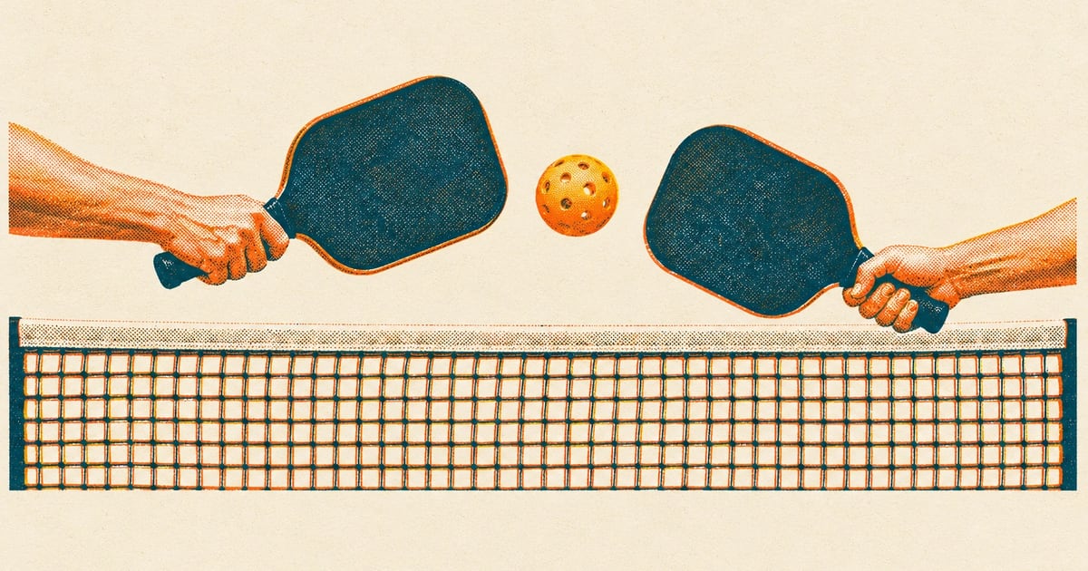 Two-colour print of a paddle on each side of a pickleball net as the ball crosses the tape