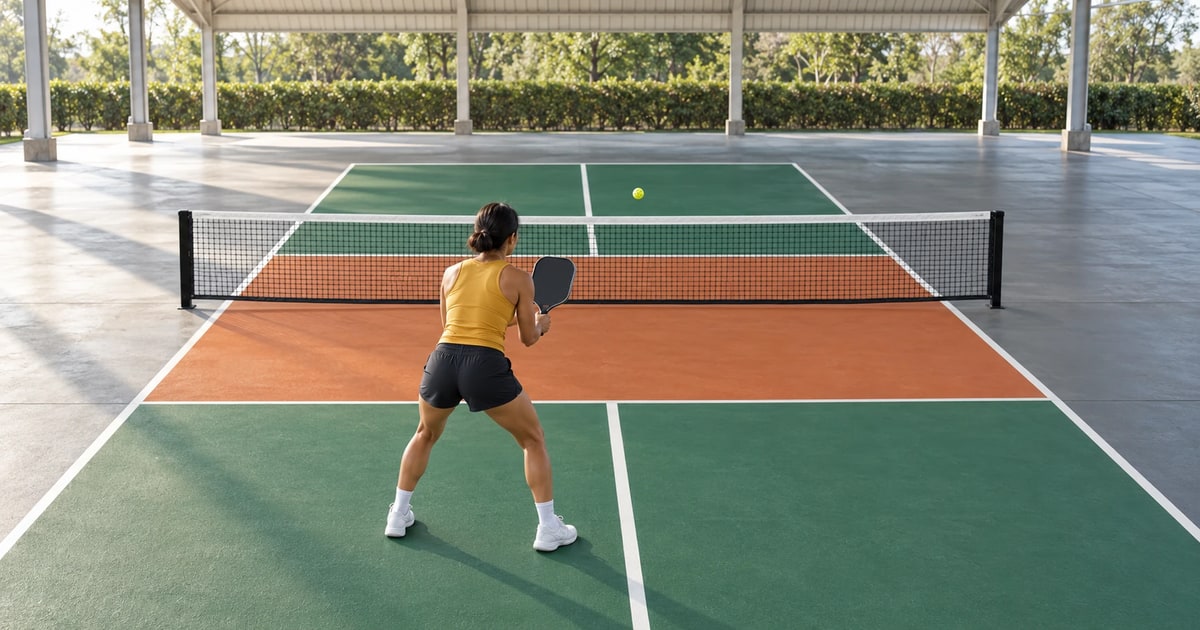 A woman seen from behind stands in the ready position on a covered court, knees bent and paddle up in front of her chest, with the kitchen, the net and the far half of the court ahead of her and a ball in the air beyond the net