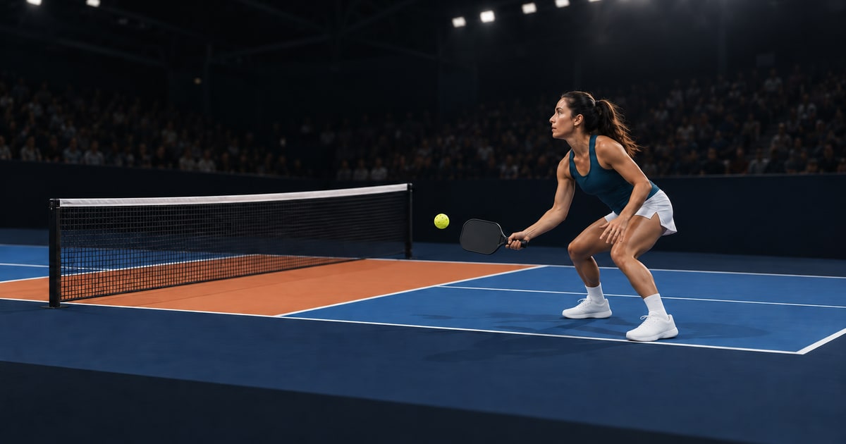 A player crouches low a few strides behind the kitchen line, paddle held low, as a ball rises toward the net in an indoor championship arena