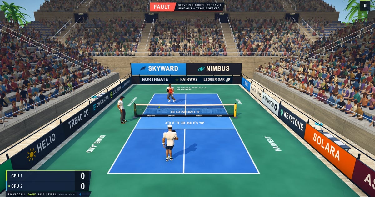 Screenshot of the Pickleball Game referee calling a fault after a serve lands in the kitchen