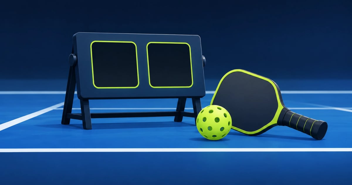 A blank scoreboard beside a paddle and a pickleball on a blue court