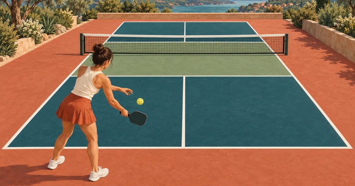 A server stands behind the baseline, drops the ball with one hand and swings the paddle low for an underhand serve