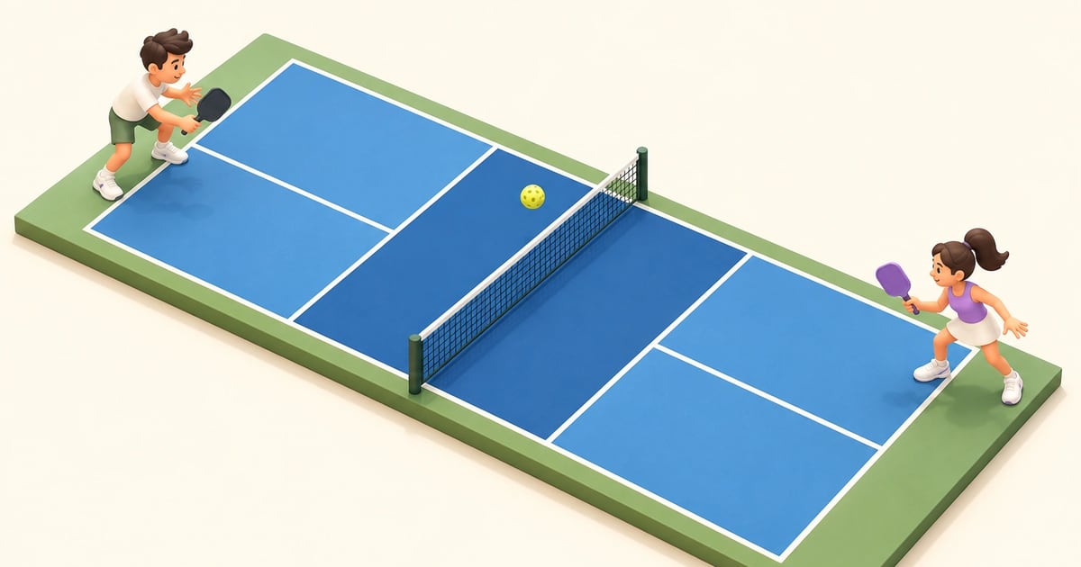 An illustrated pickleball court seen from above at an angle, one player at each end and the ball over the net