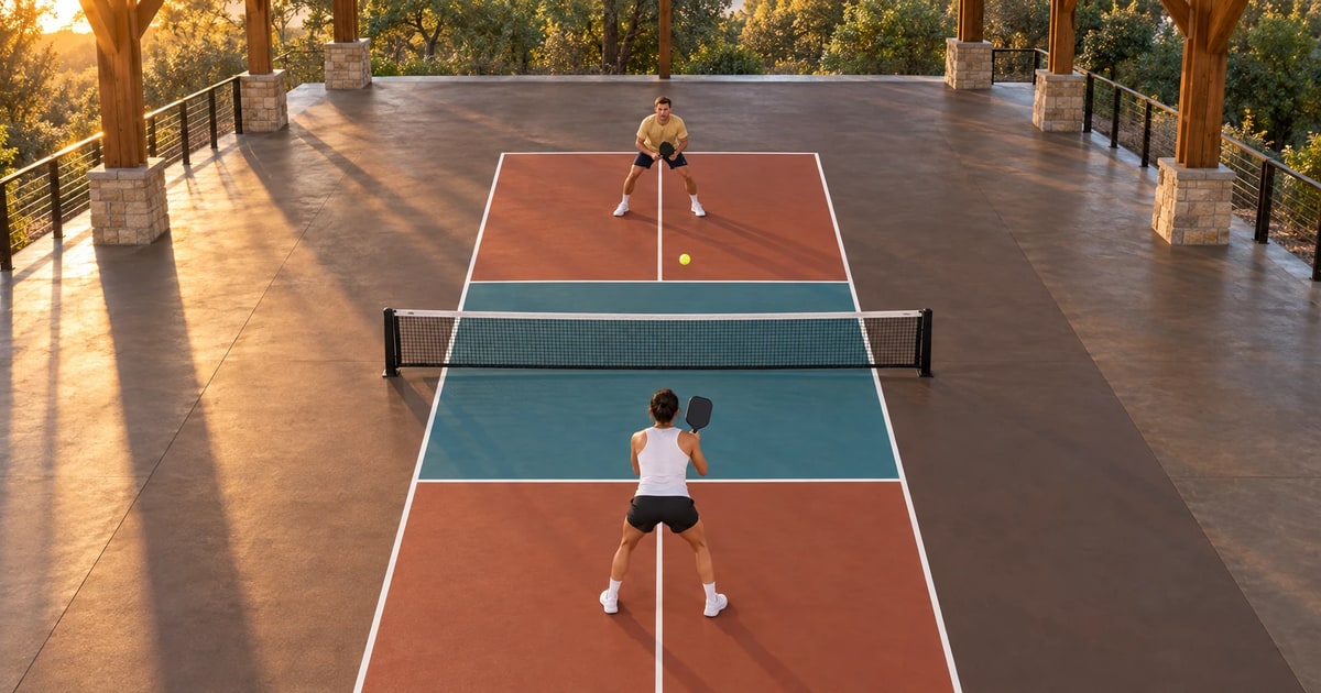 Two players in a singles rally on a clay-red court under a covered pavilion at sunset, seen from a high camera behind the near baseline, the near player on the center line about halfway between the kitchen line and the baseline and a ball in the air over the far court