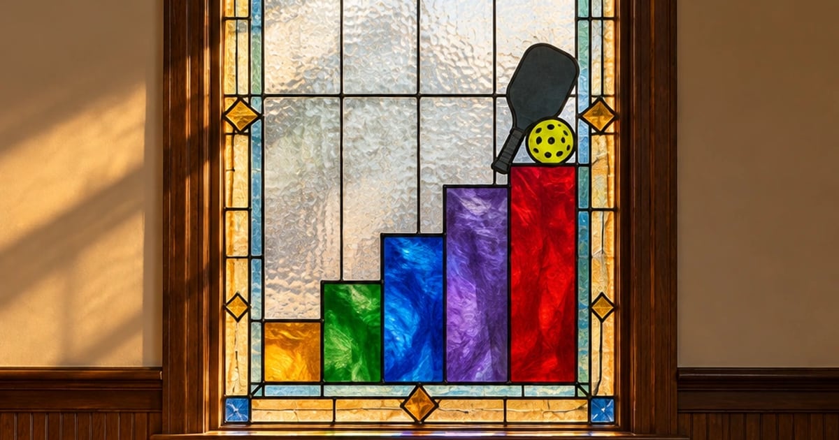 Stained-glass window of a five-step staircase in five colors with a paddle and ball on the top step