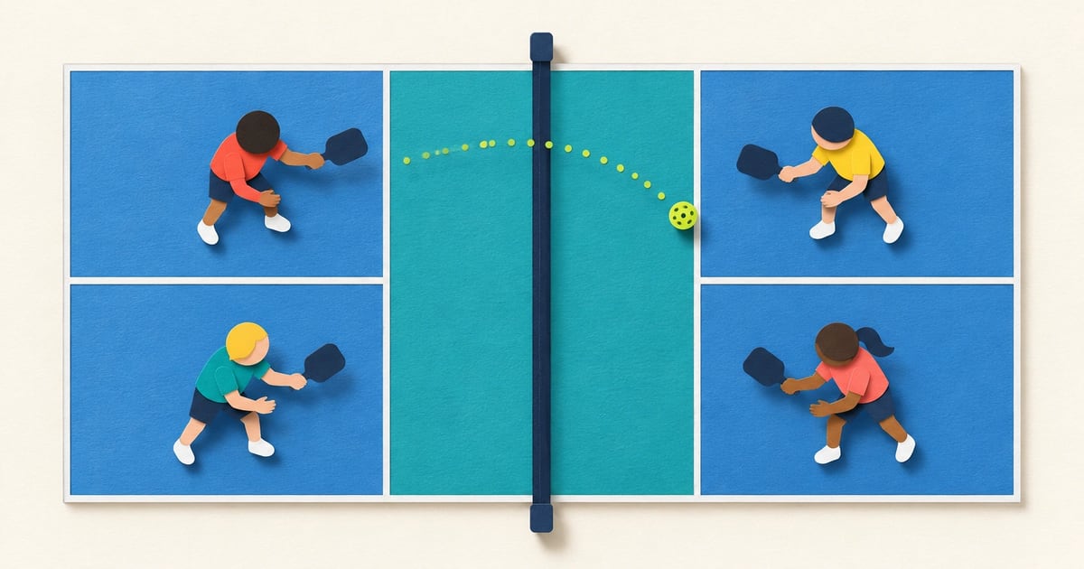 Layered paper-cut collage of a top-down pickleball court with four paper players behind the kitchen lines and a ball over the net