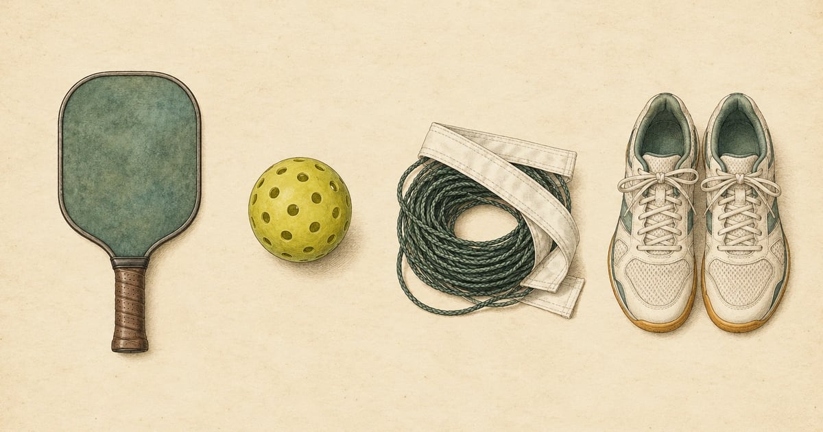 A cream paper plate in fine ink linework showing a pickleball paddle, a perforated ball, a coil of net cord with tape and a pair of court shoes laid out like specimens