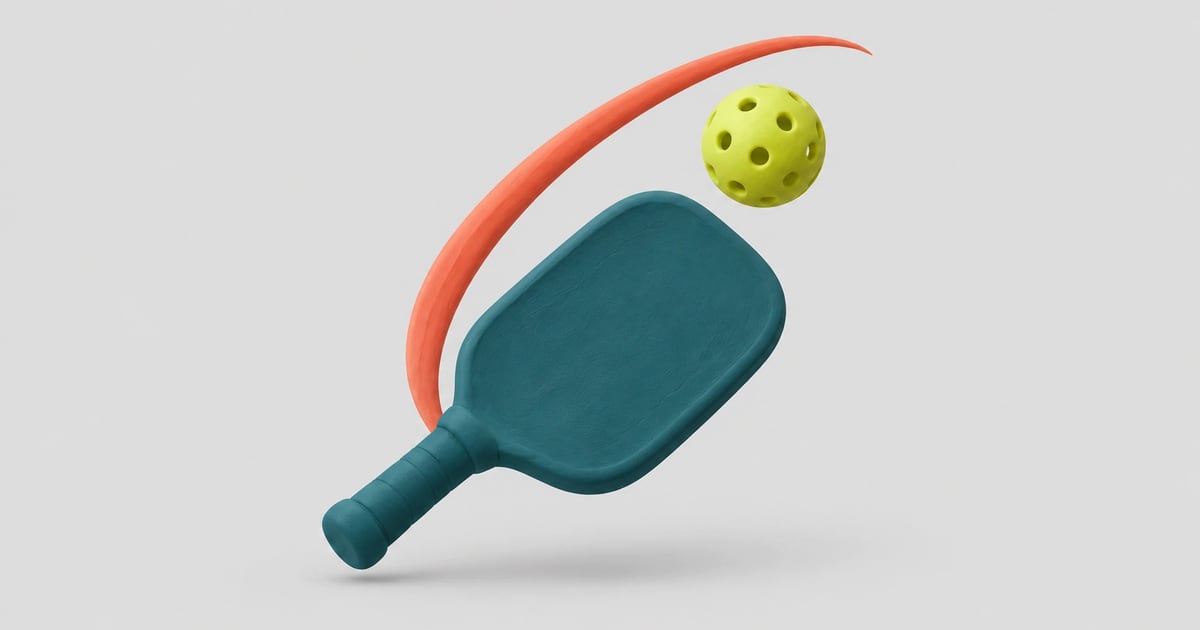 A clay paddle starts an upward swing under a clay ball, with a coral ribbon curving over it, on a plain grey background