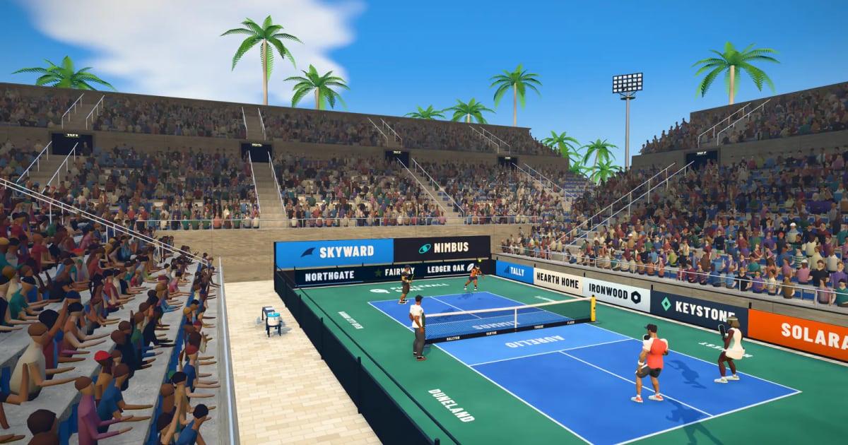 The Pickleball Game stadium: a doubles court with players, full stands and palm trees