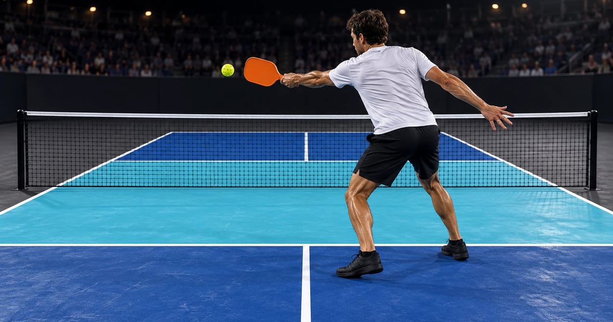 A player stands behind the kitchen line at a night stadium and hits a backhand volley out of the air, the ball a few inches from the orange paddle