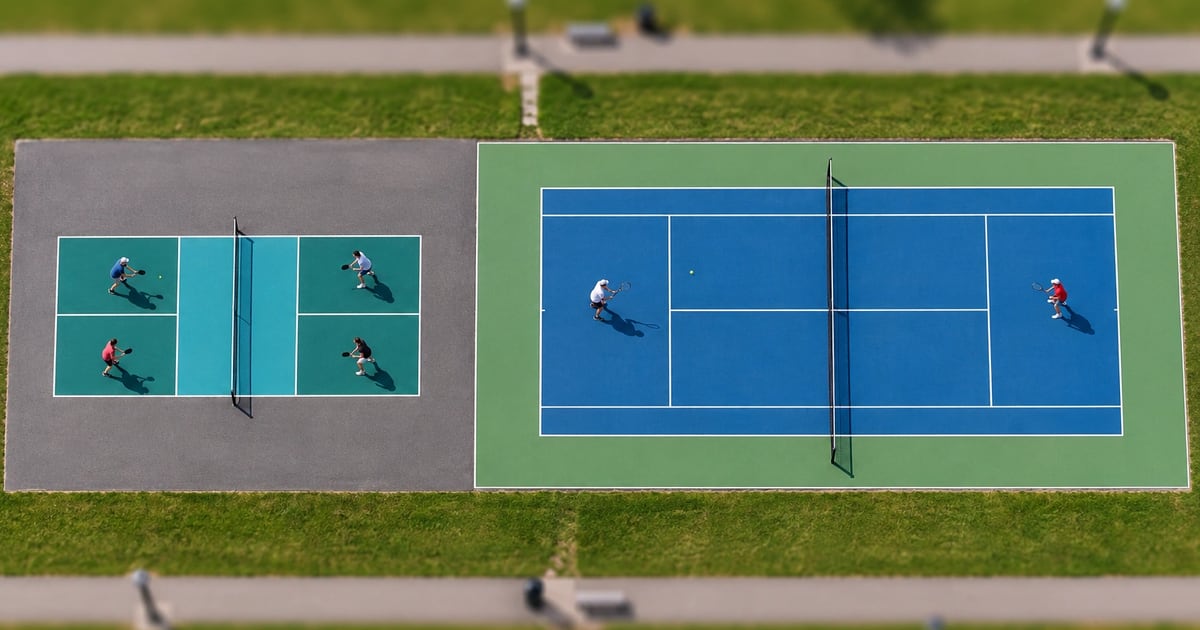 Tilt-shift view from above of a pickleball court and a tennis court side by side on a park recreation ground, with tiny players