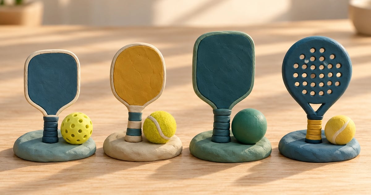 Four clay miniatures of racket and paddle sports, each with its own ball, standing on clay mounds on a wooden table