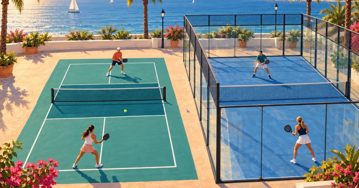 A pickleball court and a glass-walled padel court side by side on a seaside terrace, two players on each, painted in gouache
