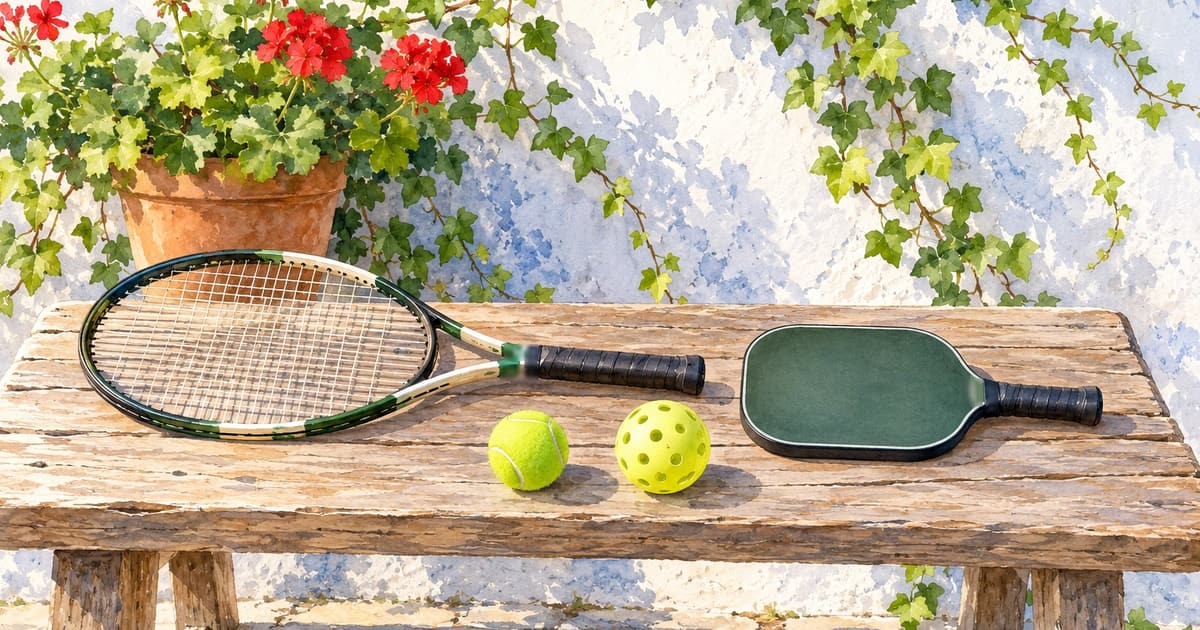 Watercolor of a tennis racket and a pickleball paddle on a sunlit bench with a tennis ball, a perforated pickleball and a pot of red geraniums
