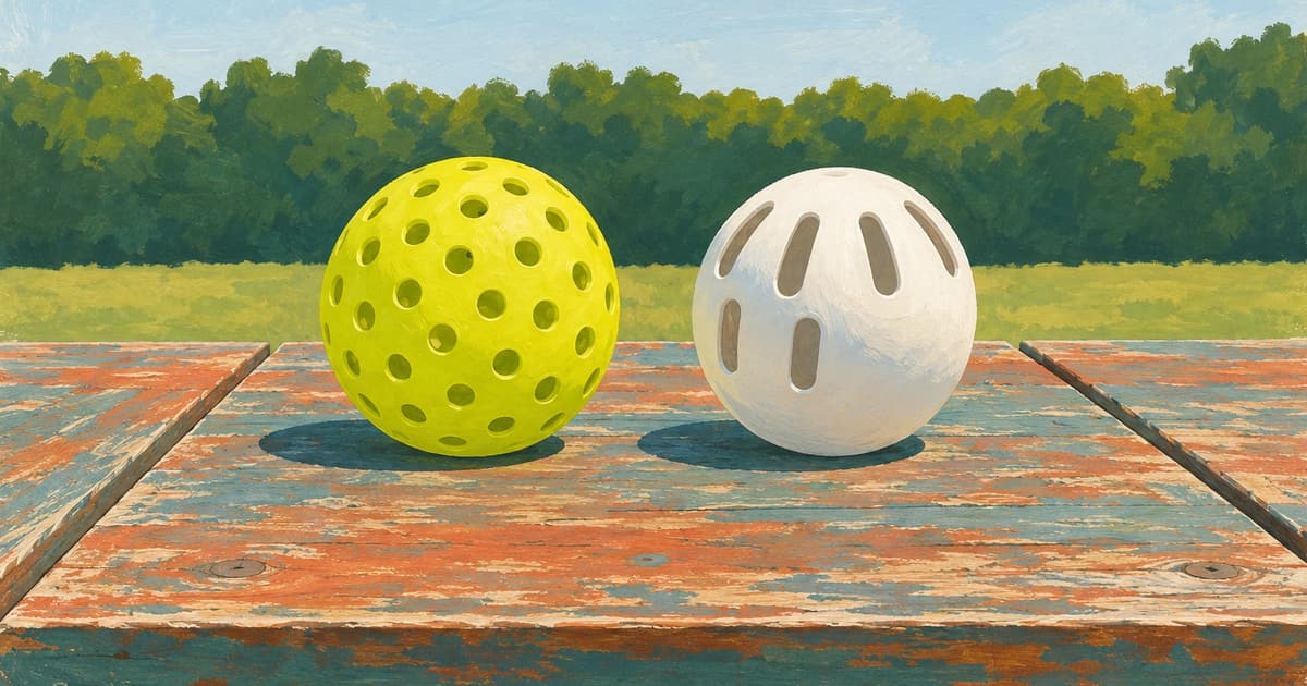 Painting of a pickleball with many round holes beside a classic Wiffle ball with long oval slots on a wooden table
