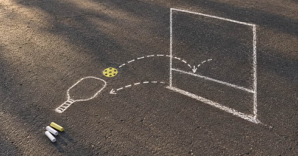 A chalk drawing on dark asphalt of a wall with a net-height line, a paddle, and a ball arc going out and bouncing back